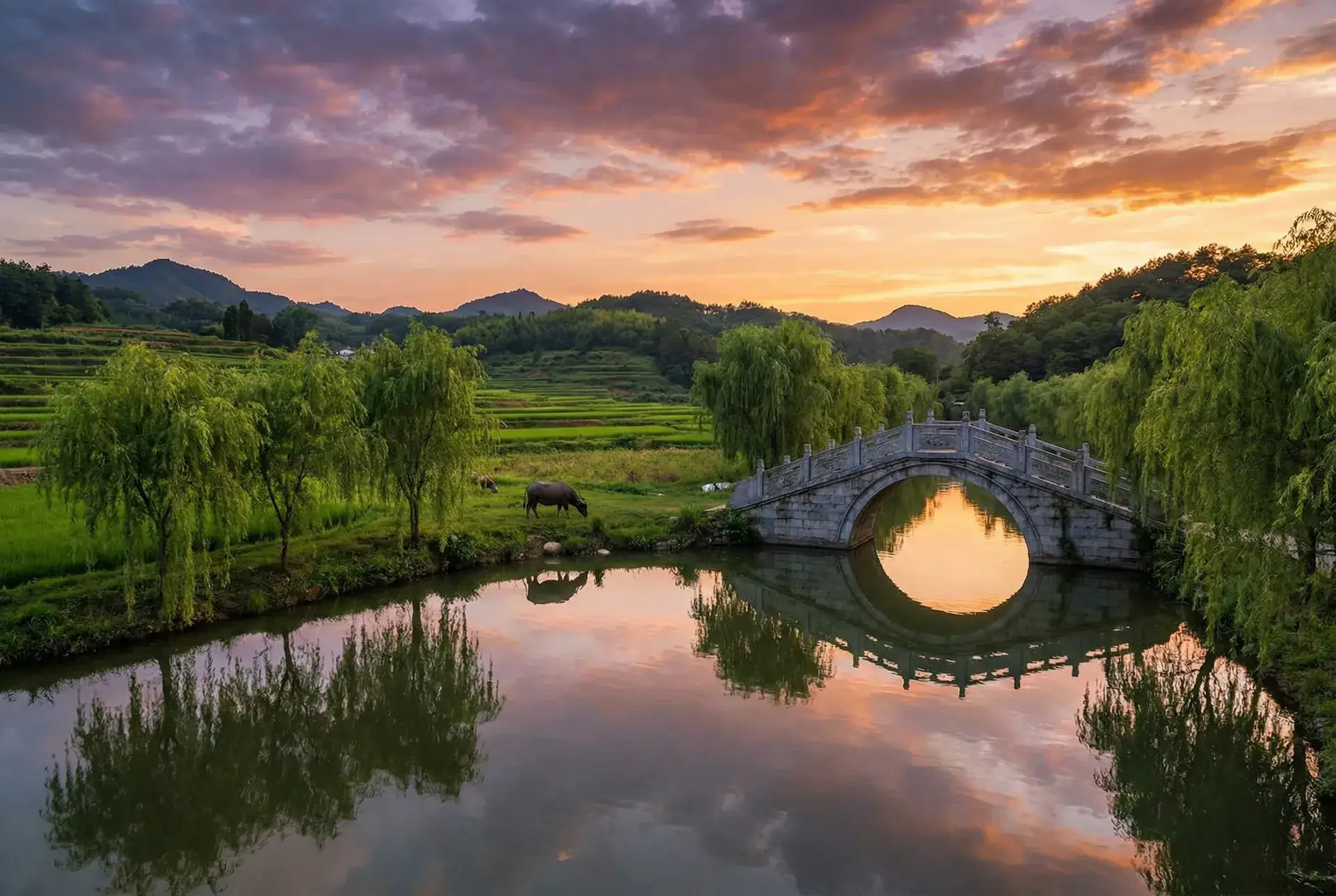 夕阳下的石拱桥与垂柳，水牛在河边吃草 - 林正英全集 乡村美景